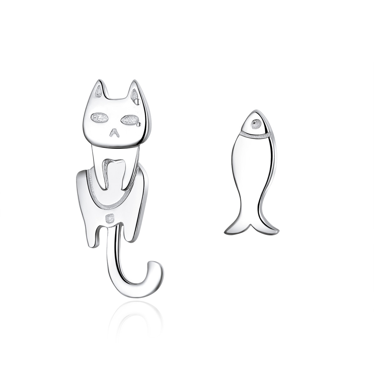 pendientes de tuerca pandora style de plata con diseño de gato y pez sce488