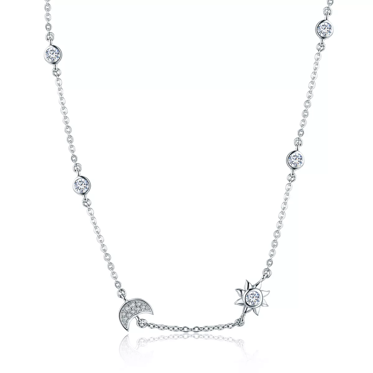collar de cadena estilo pandora de plata con sol y luna scn272