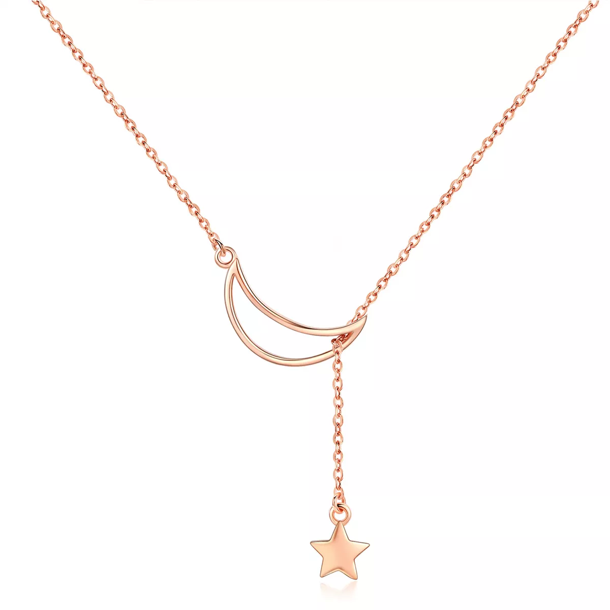 collar de cadena estilo pandora en tono oro rosa con luna estrellada scn108 c