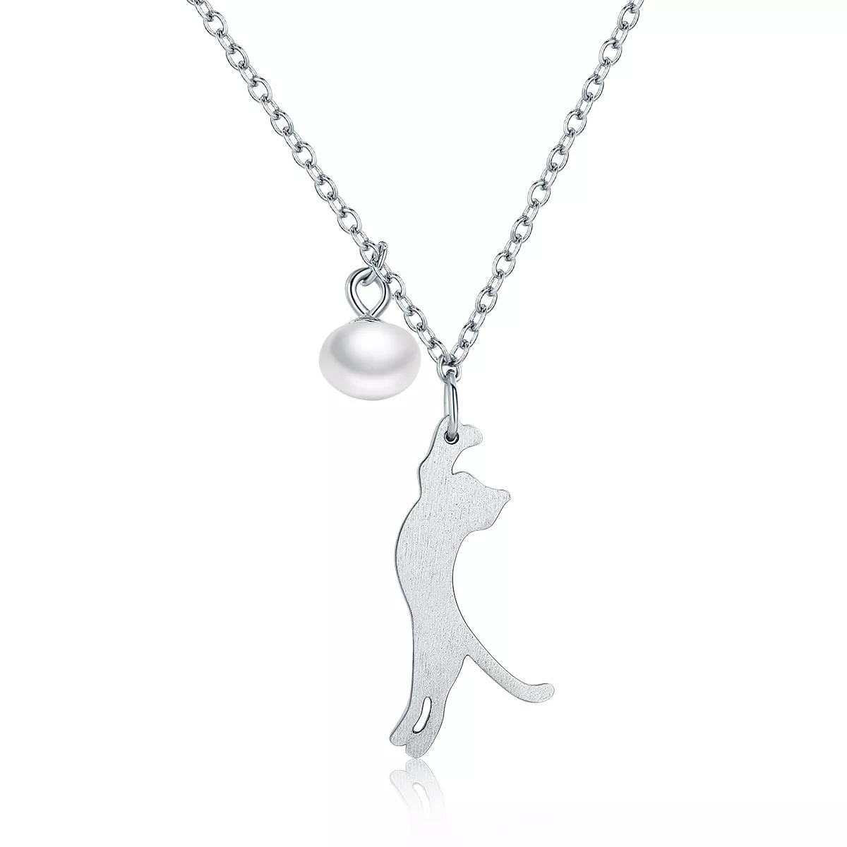collar de plata estilo pandora con colgante de gatito juguetón scn175