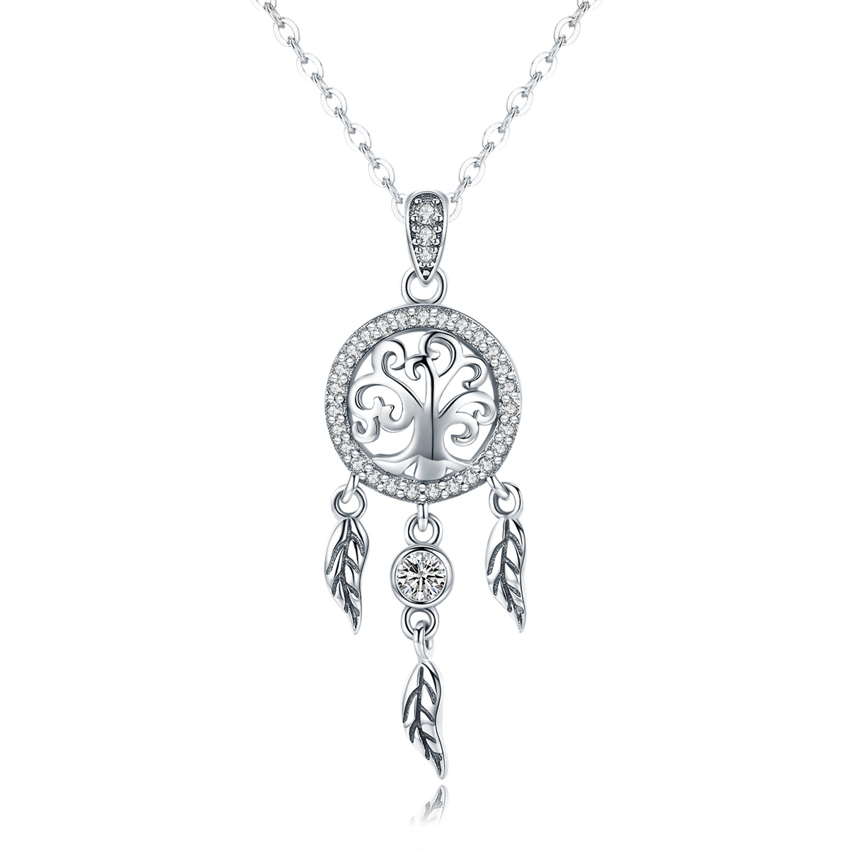collar estilo pandora de plata con colgante de árbol de la vida y atrapasueños scn298