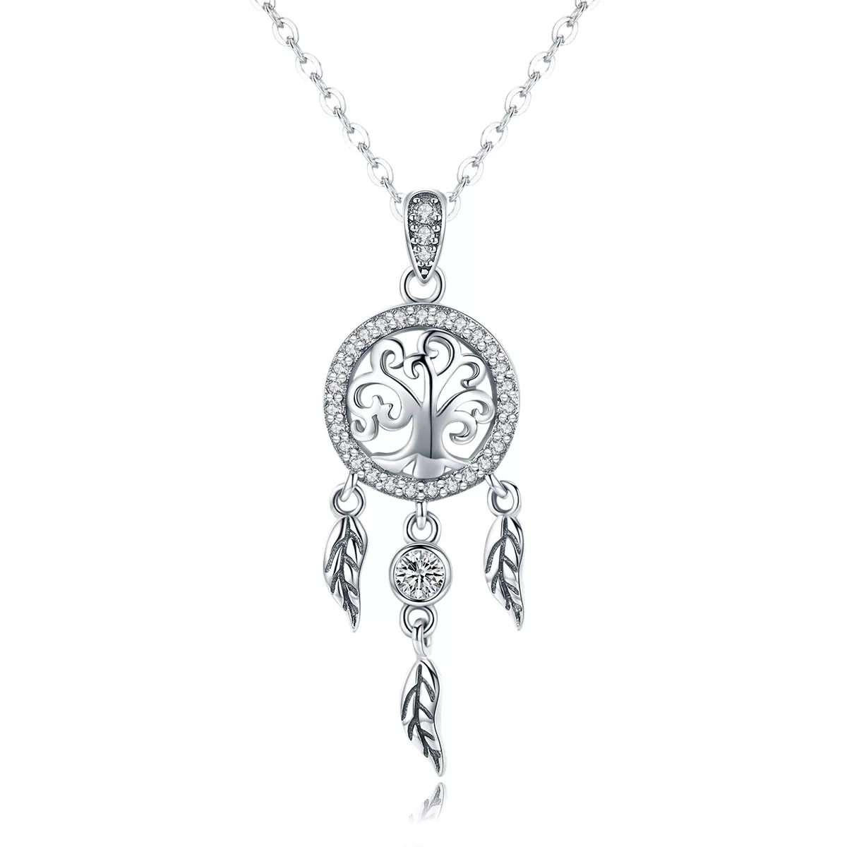 collar estilo pandora de plata con colgante de árbol de la vida y atrapasueños scn298