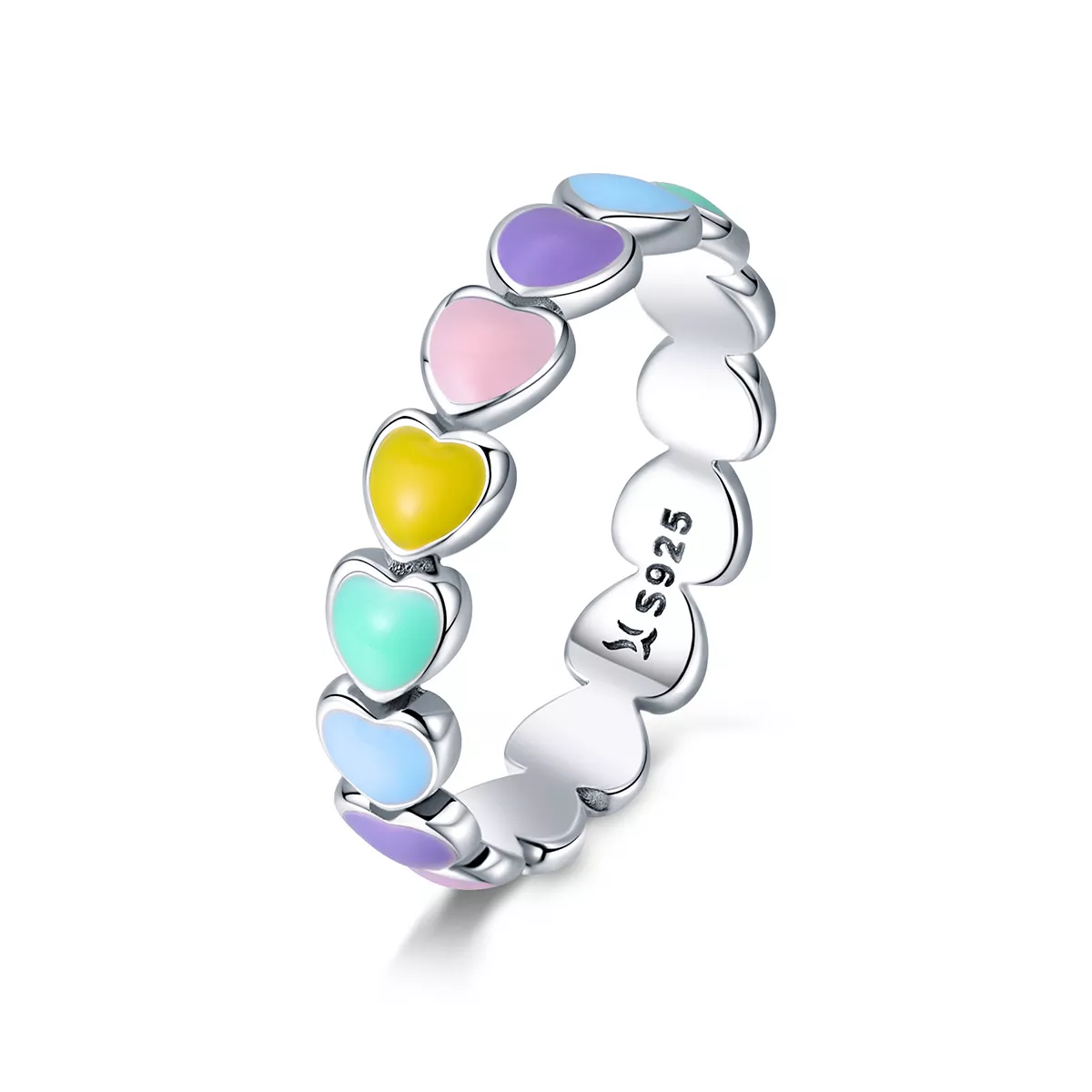 anillo de corazón arcoíris plateado estilo pandora scr444