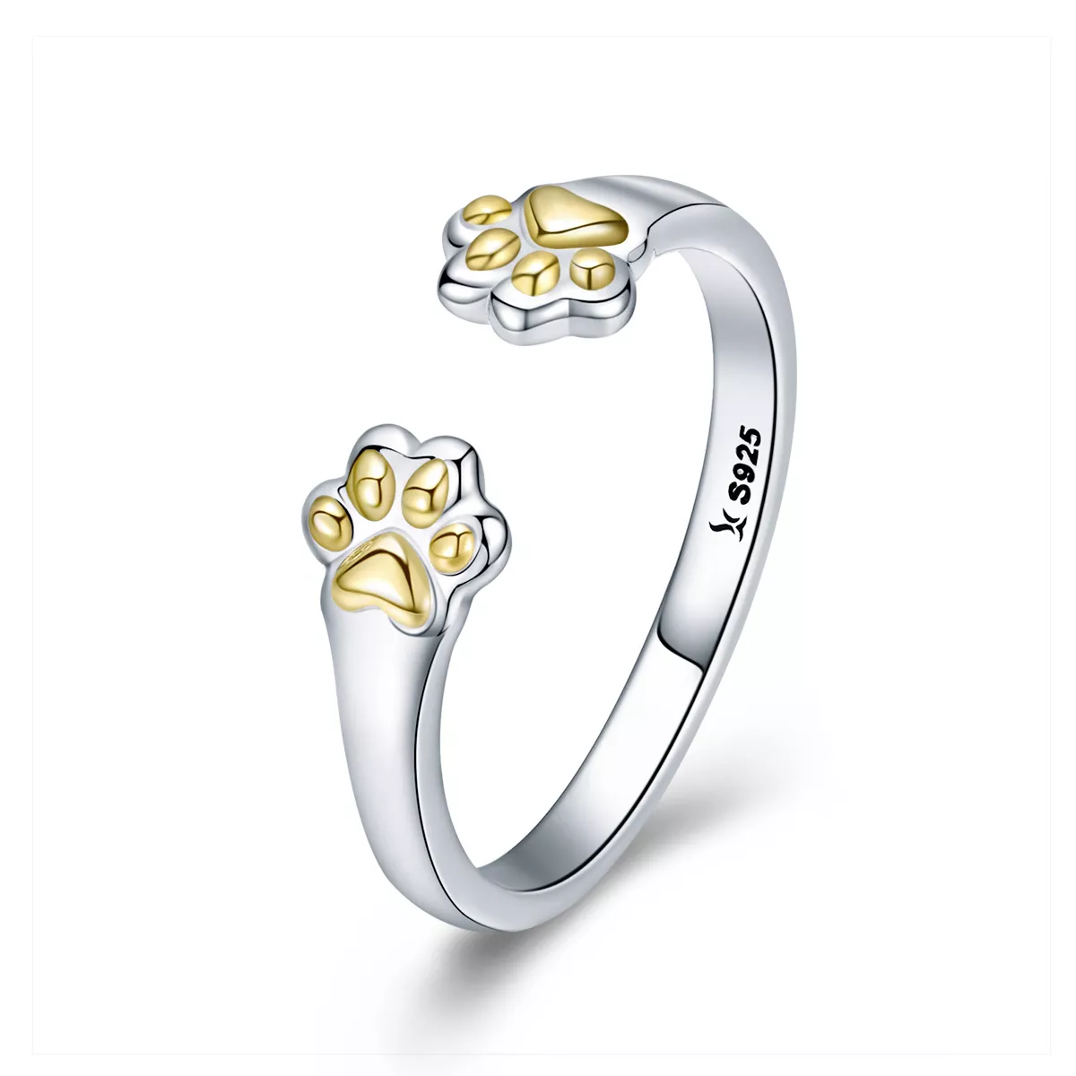 anillo de estilo pandora con forma de pata de gato plateado y dorado scr430