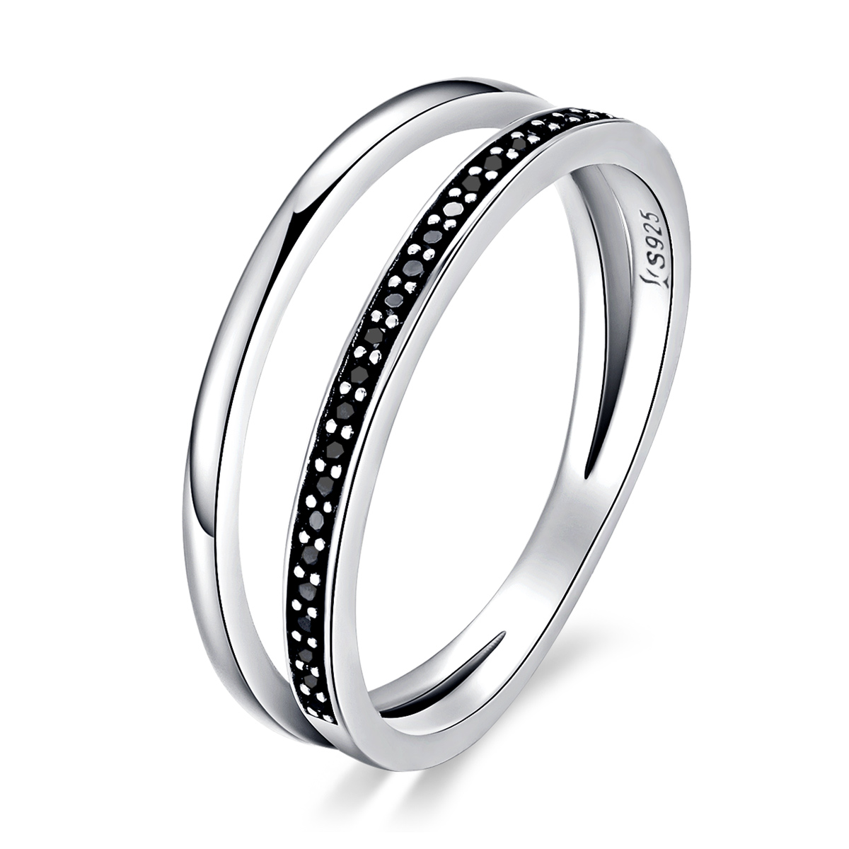 anillo de movimiento negro y blanco de estilo pandora en plata scr082