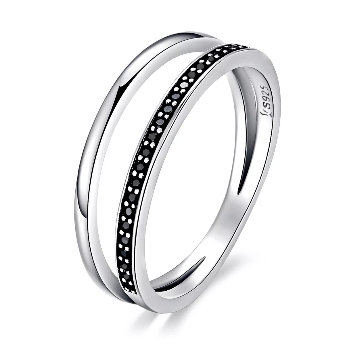 anillo de movimiento negro y blanco de estilo pandora en plata scr082