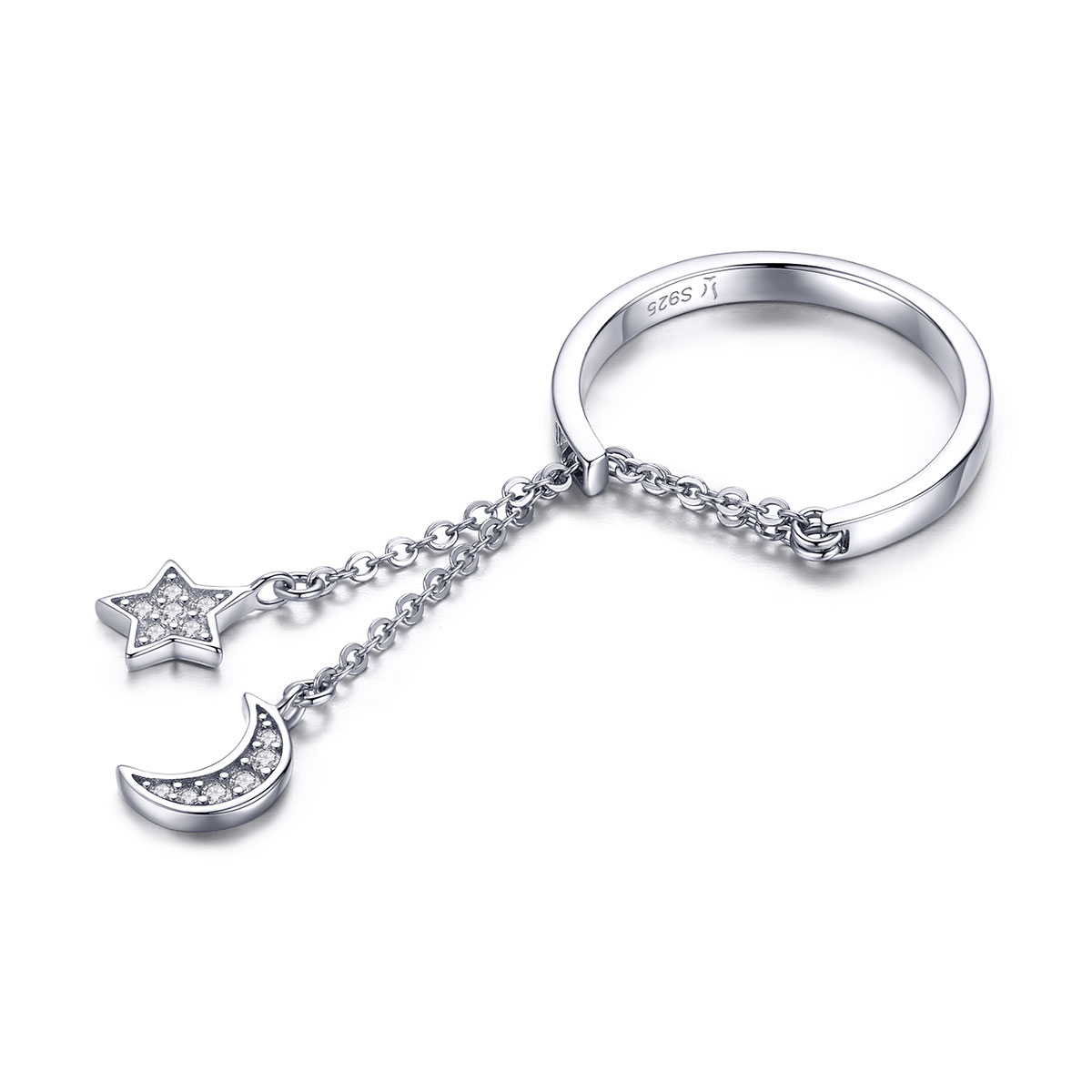 anillo de plata estilo pandora con estrella y luna scr407