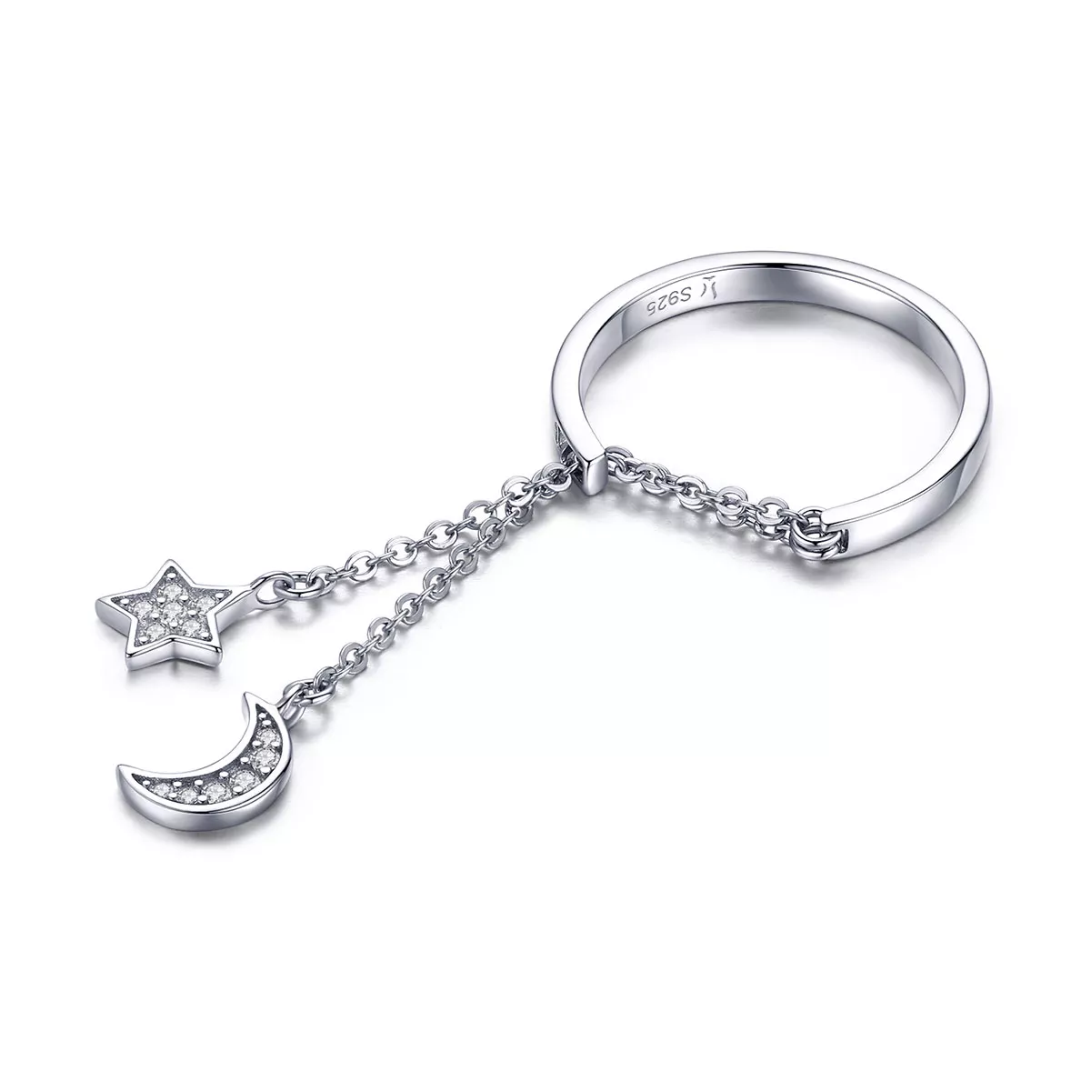 anillo de plata estilo pandora con estrella y luna scr407
