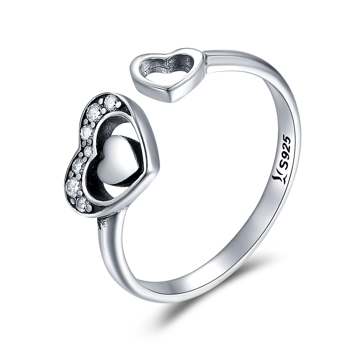 anillo estilo pandora de plata concomitante de dos corazones scr168