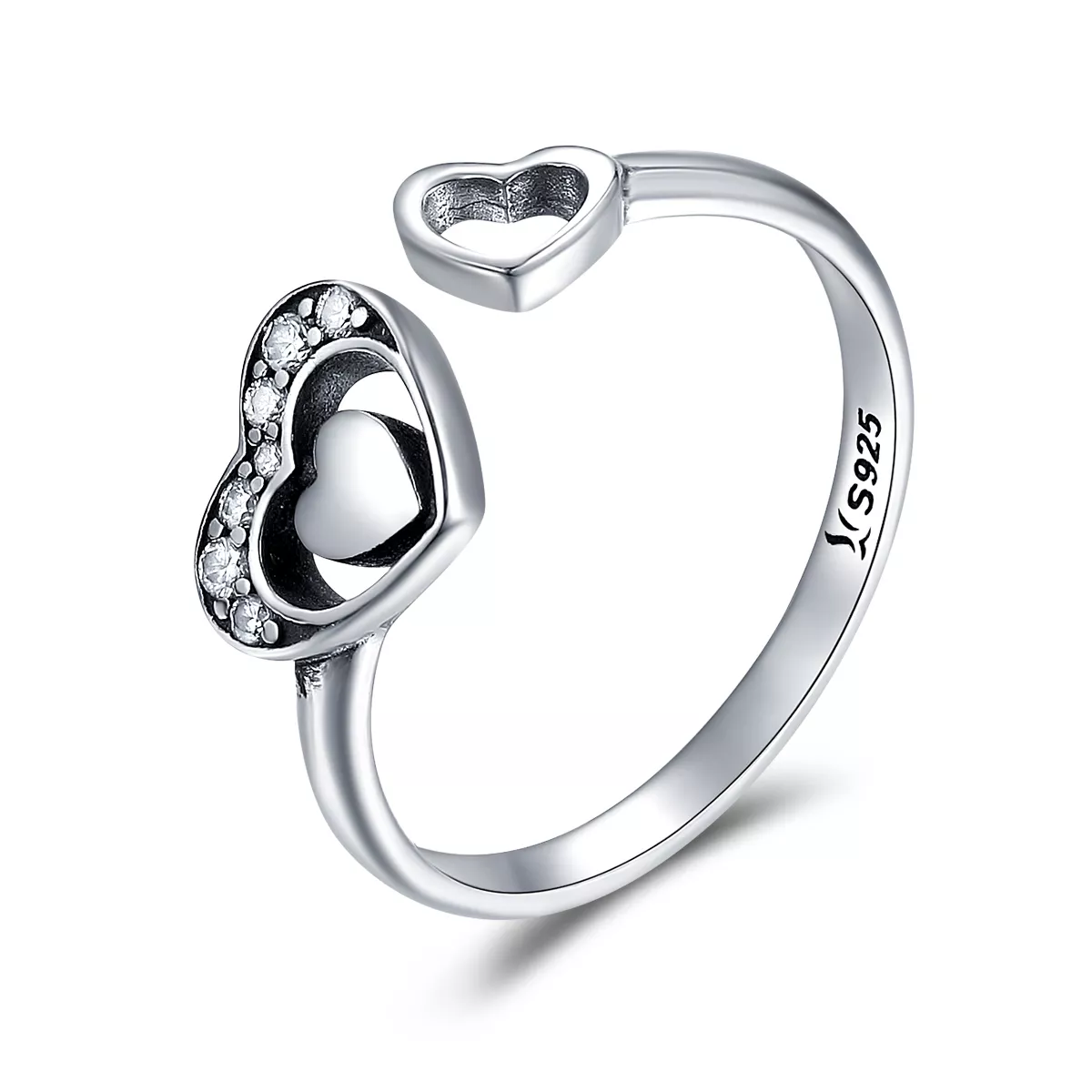 anillo estilo pandora de plata concomitante de dos corazones scr168